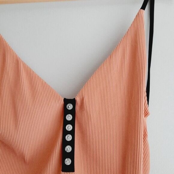 TOPSHOP Ribbed Plunge V-Neck Button Detail Swimsuit Nude One Piece Sz 10 - Picture 7 of 11